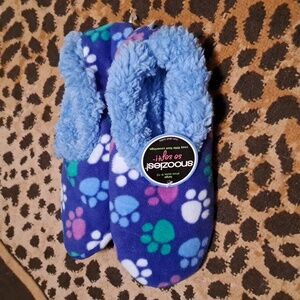 Cozy Paw Print Fleece Slippers - Blue with Multi Colored Paws